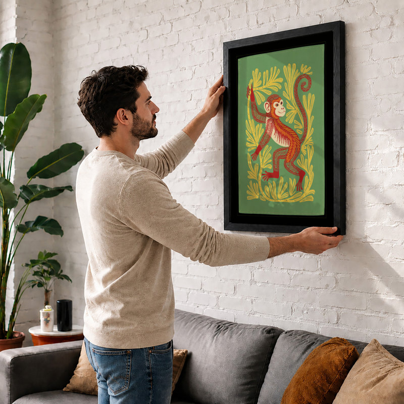 Monkey in Golden Vine Boho - Framed Print, A3 - 42.0 x 29.7 cm, Black