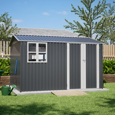 10X8FT Outdoor Steel Storage Shed With Clear Window, Lockable Doors, Weather-Resistant Metal Tool Shed For Garden, Backyard, Patio, And Utility Storage,Gray