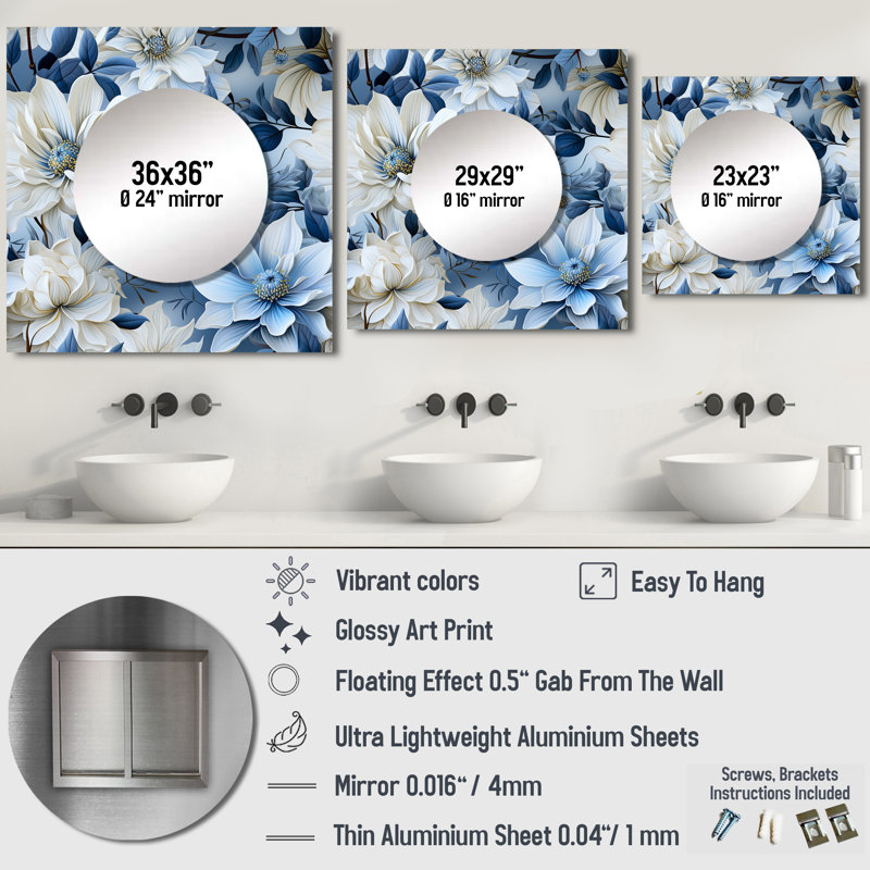 Motif botanique arctique bleu et blanc - grand miroir carré floral pour décoration murale, 23 po x 23 po
