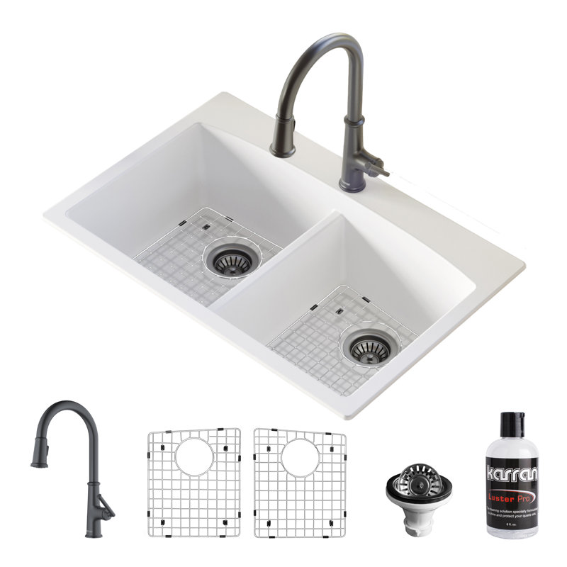 Karran Quartz 33'' X 22'' 50/50 Double Bowl Drop-in Kitchen Sink With Faucet, Gunmetal Gray