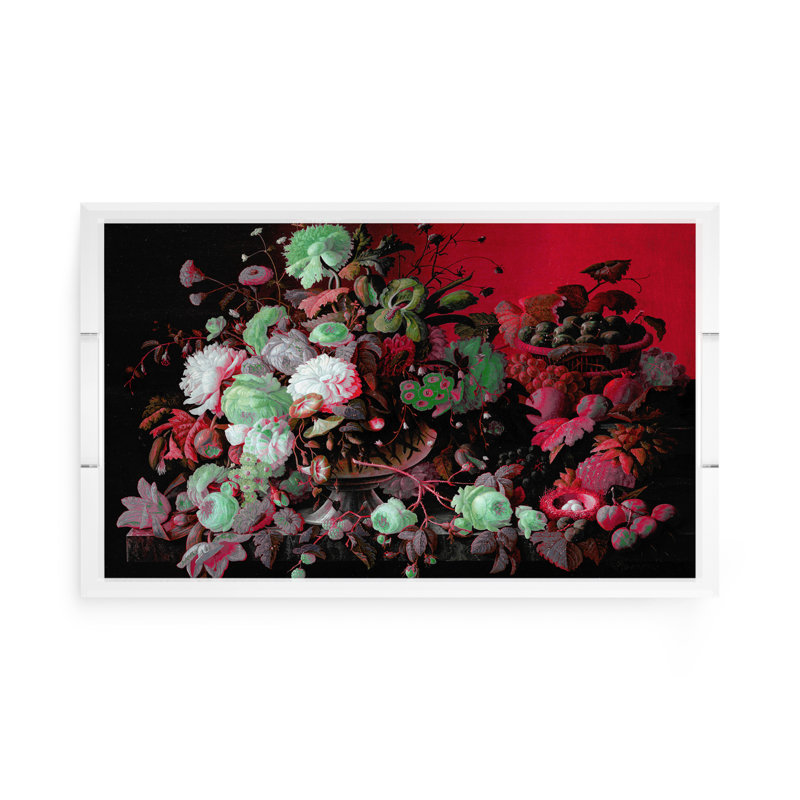 Bird Nest Floral Acrylic Rectangle Decorative Tray, Red Green, 17"W x 10.5"D x 2"H
