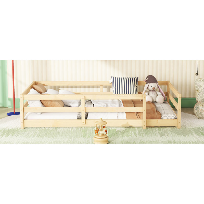 Natural Color Twin Size Floor Bed With Fence For , High - Quality Pine, Stable Structure, No Box Spring, Quick Setup, Multi Use Zone ' Bedtime Peace Quietness