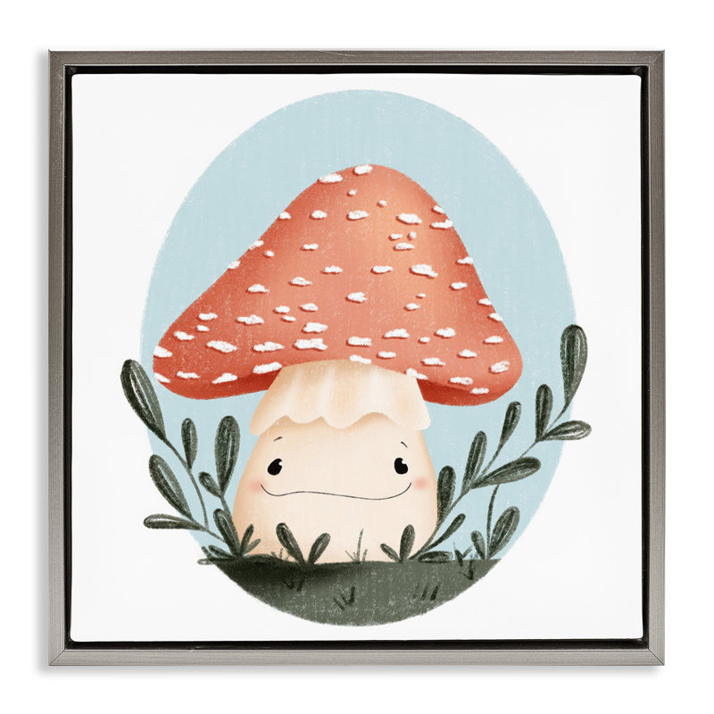 Champignon souriant dans un cadre flottant dans la nature, design par Sarah Hickman, Cadre flottant gris lustré