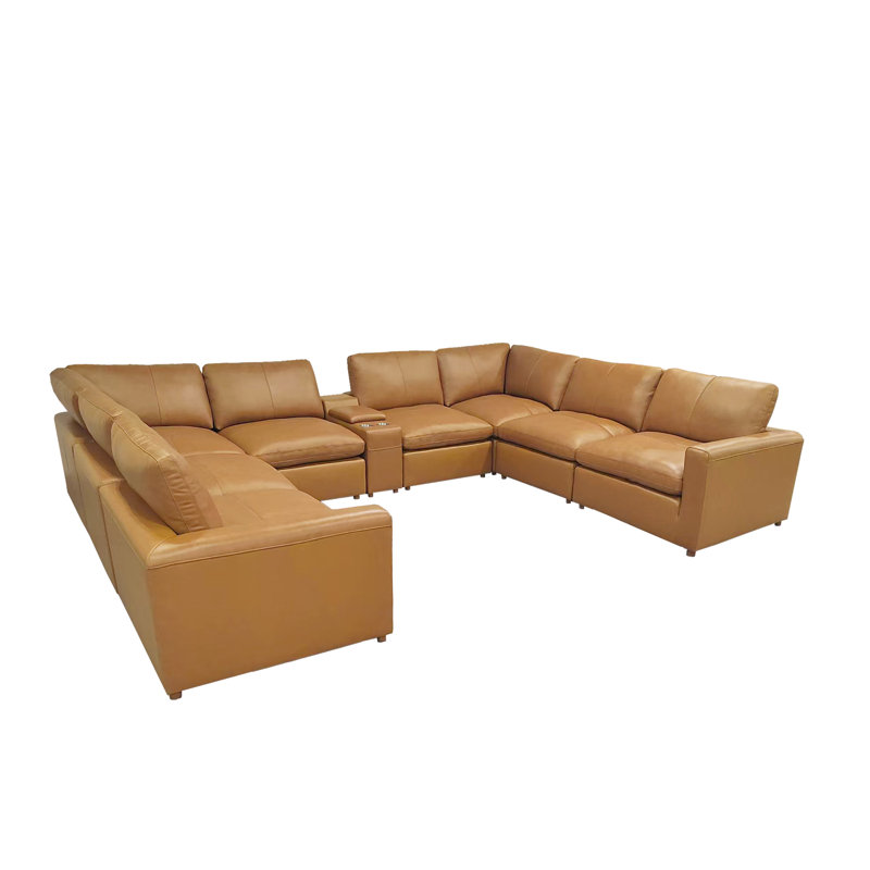 Reestock Top-Grain Leather Match Large Seating Modular Sectional, Ginger