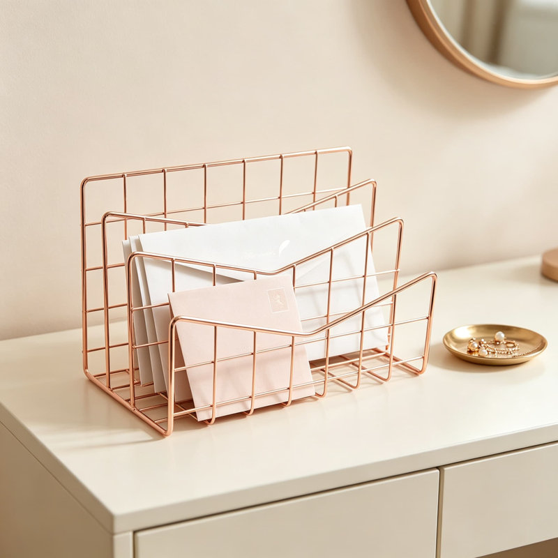 Organisateur de courrier Hamphinee, trieur de lettres de bureau, classeur de bureau avec motif en filet et compartiments verticaux, or rose