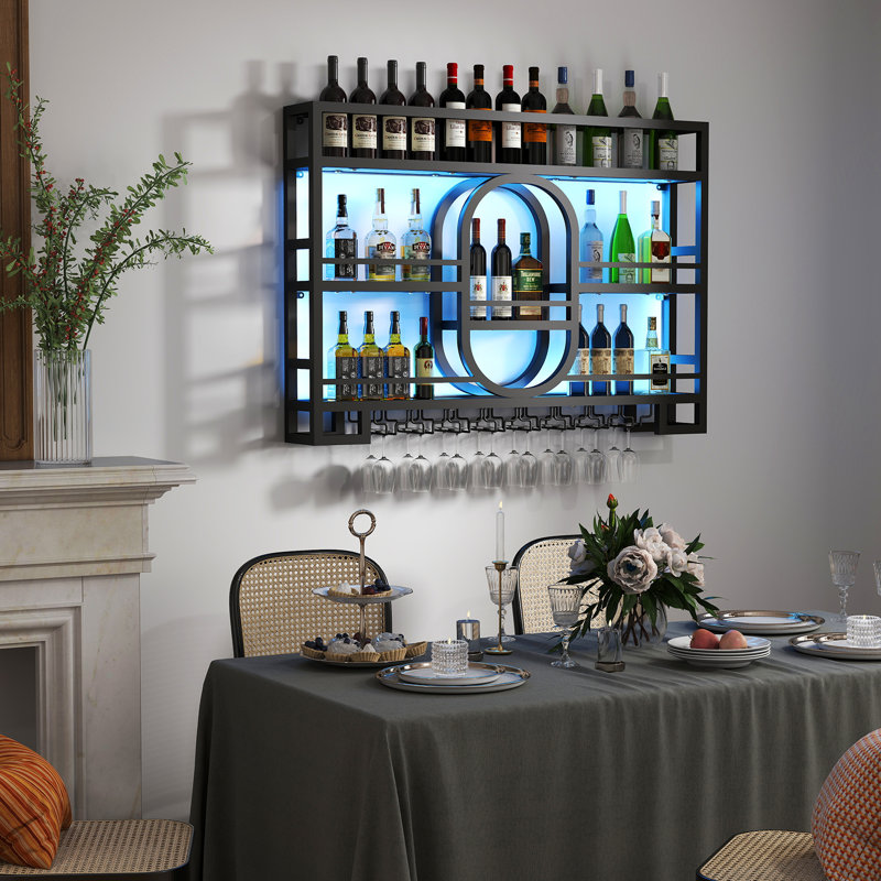 Support à vin à 3 niveaux fixé au mur avec lumière DEL, 31,5 po H x 39,5 po L x 5,9 po P, 15 bouteilles de vin
