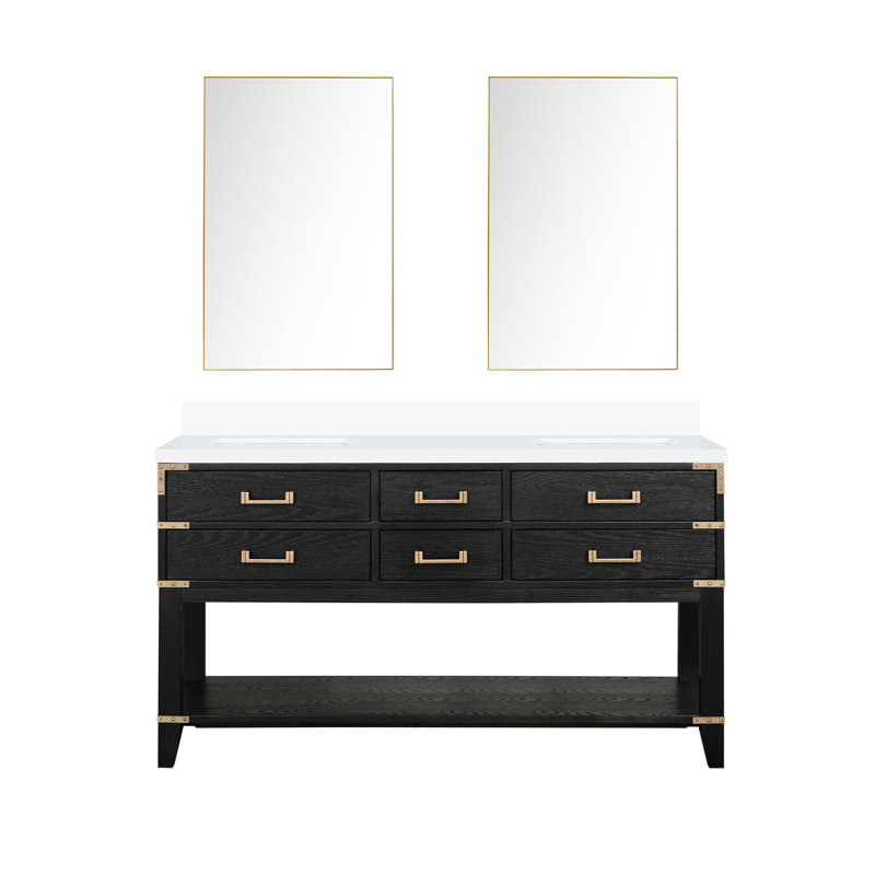Meuble-lavabo double en chêne noir 60 po x 22 po - comptoir en quartz blanc et miroirs de 28 po à fermeture douce, quatre tiroirs et tablette ouverte pour rangement uni
