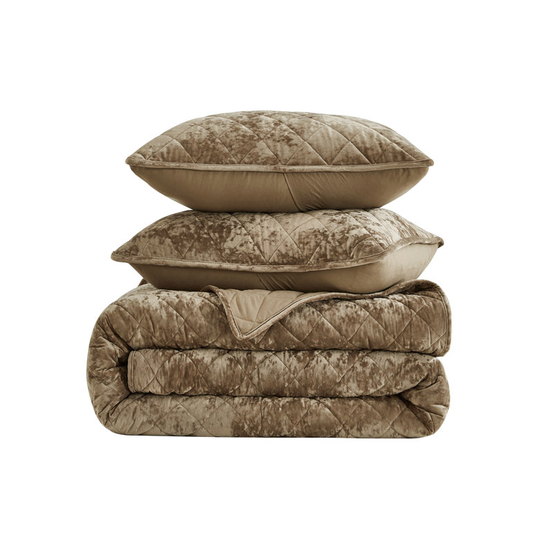 Lux Tan Velvet Queen Quilt Set with Diamond Stitching