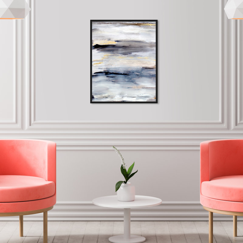 Modern Gray Brush Stroke Painting Print, 21" H x 18" W, Black Floater Framed