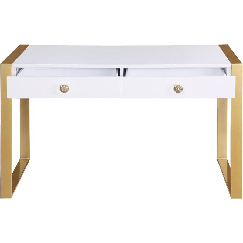 Bureau d'ordinateur moderne à 2 tiroirs blanc / doré pour bureau (tabourets non inclus)