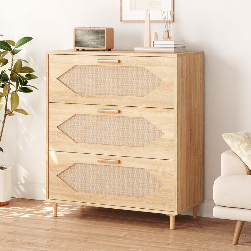 Commode 3 tiroirs en rotin, armoire de rangement moderne en bois avec tiroirs tissés, naturel