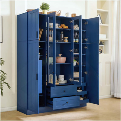 Garde-manger moderne avec 6 portes, armoire de rangement avec tiroirs, tablettes réglables, plateaux coulissants et support à vin pour la salle à manger