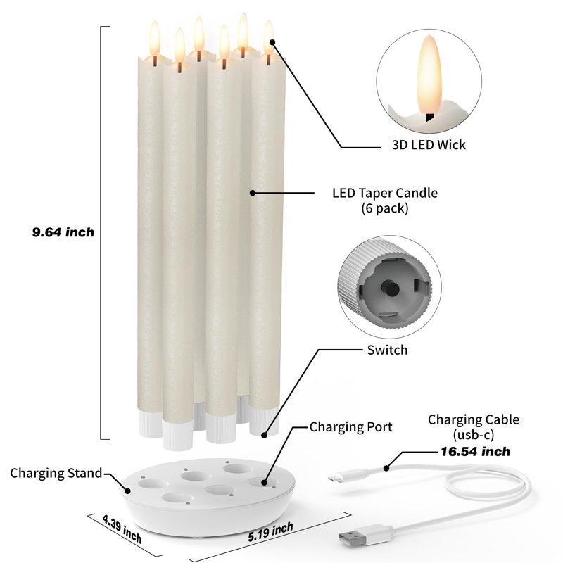 Ivory LED Flameless Taper Candles with Charging Station