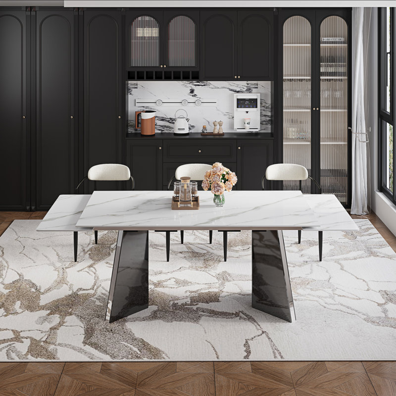 Modern Dining Table Set For 8-10 With 94.5'' Extendable Sintered Stone Dining Table And 8 Fabric Upholstered Arm Chairs