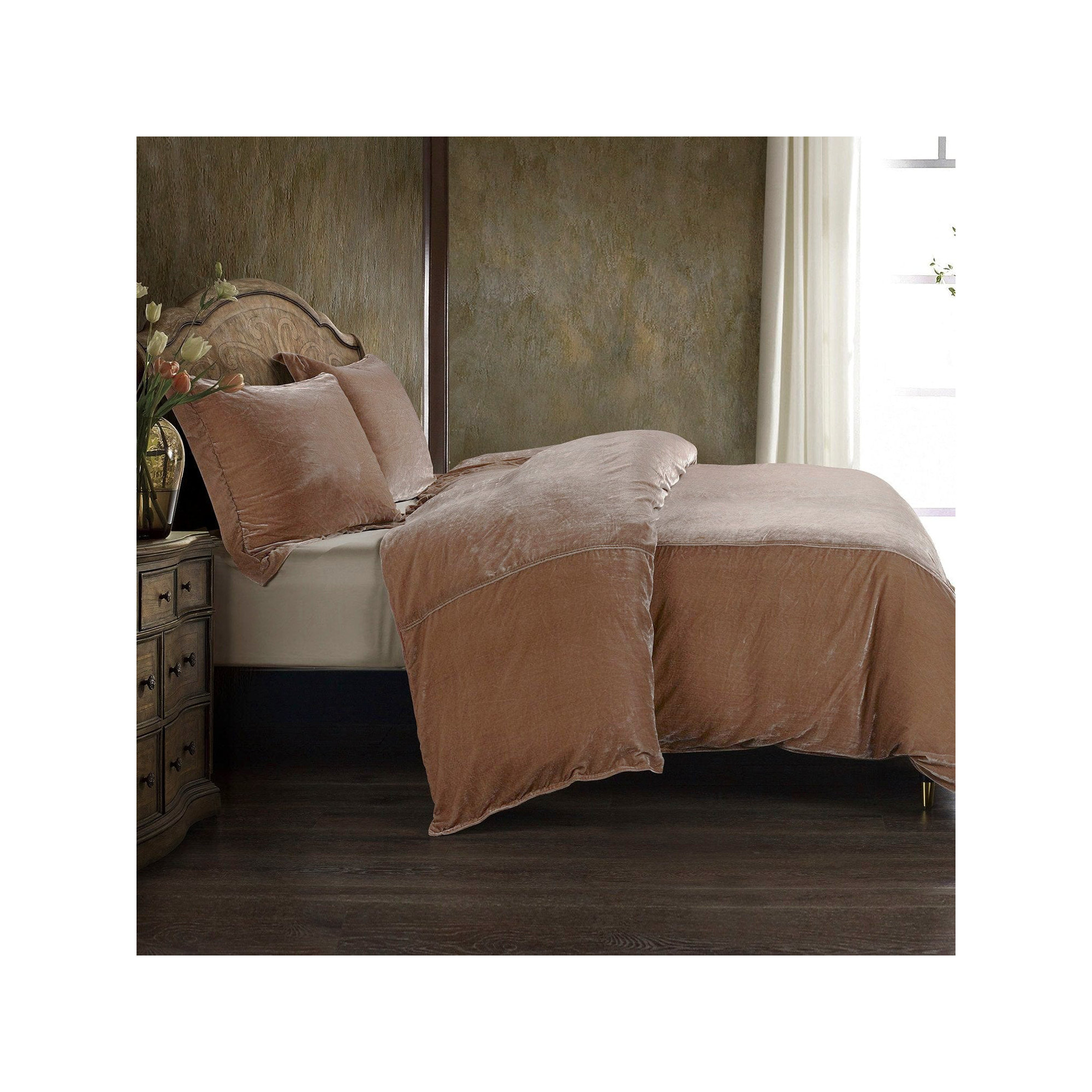 Stella Faux Silk Velvet Classic Chic Modern Rustic Romantic Western Duvet Cover Set, King Duvet Cover + 2 King Shams