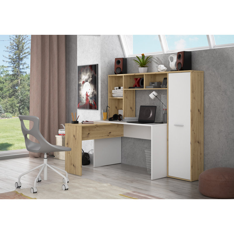 Simental L-Shape Floating Desk, Artisan Oak