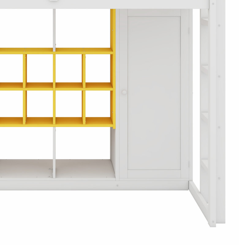 Lit mezzanine en bois avec garde-robe, tablettes et armoire, Blanc / jaune, Lit simple