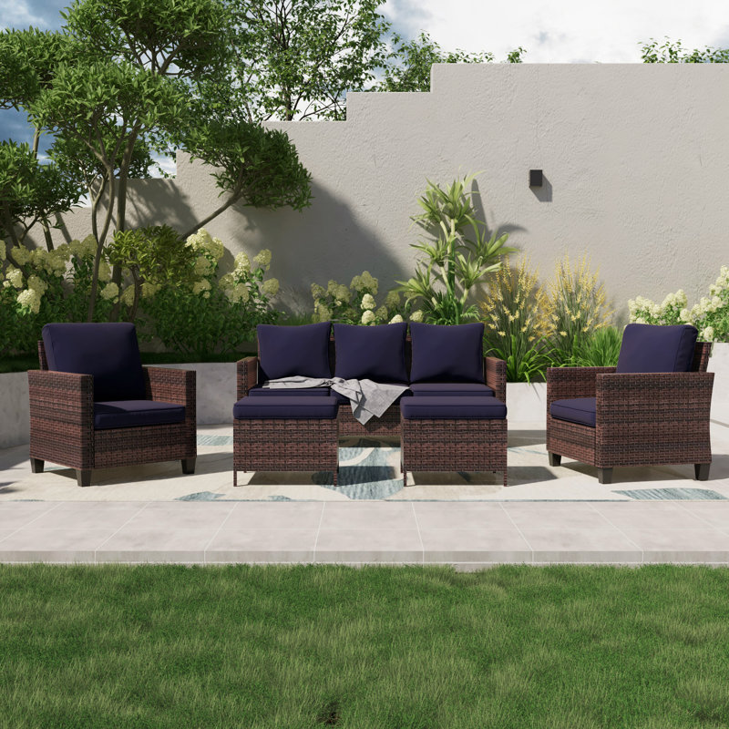 5 - Person Patio Conversation Set with Cushions, Brown, Navy