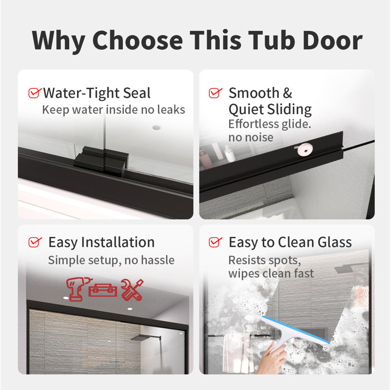 60 In. W X 56 In. H Sliding Semi-Frameless Tub Door With Clear Glass And Handles, Matte Black