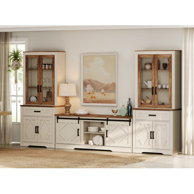 Glenford Rustic Kitchen Storage Set - 3-Cabinet Center (2 Sliding Barn Doors) With Two Tall Pantry Hutches (3 Shelves + Barn Door Cabinets), 73.3"H"