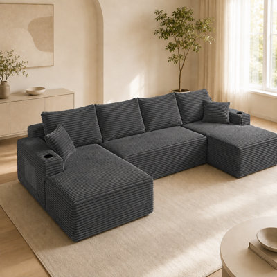 134 Inch Modular Sectional Sofa, U Shaped Cloud Couch with Deep Seat Chaise, Oversized Corduroy Upholstered Couch, Modern Comfortable Boneless Couch for Living Room Bedroom, No Assembly Required, Gray
