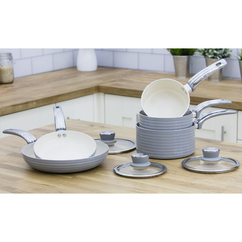 Swan Retro Aluminium Pan Set with Glass Lid, Non-Stick Ceramic Coating, Grey