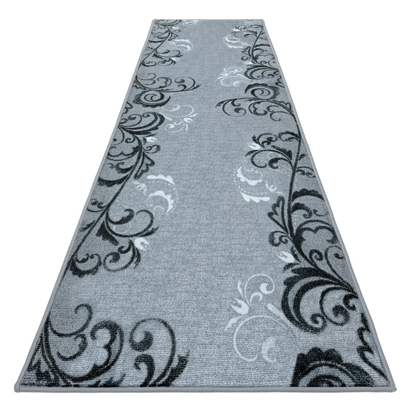 Tapis de couloir House, Home and More antidérapant - Elegant Scroll - Gris argenté, Tapis de couloir 2 pi 2 po x 6 po