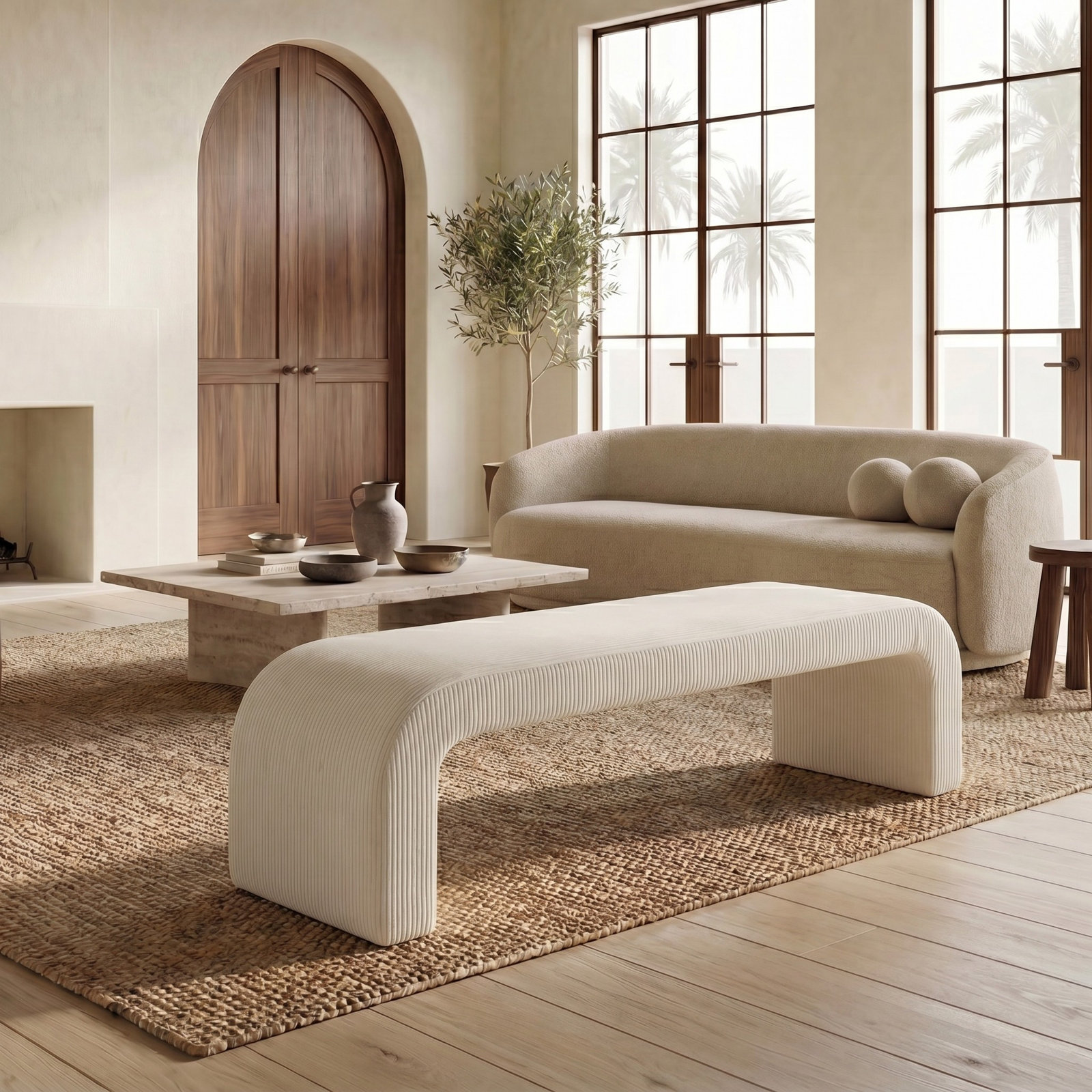 Daine 62" Linen Bedroom Bench, Cream Cordoroy