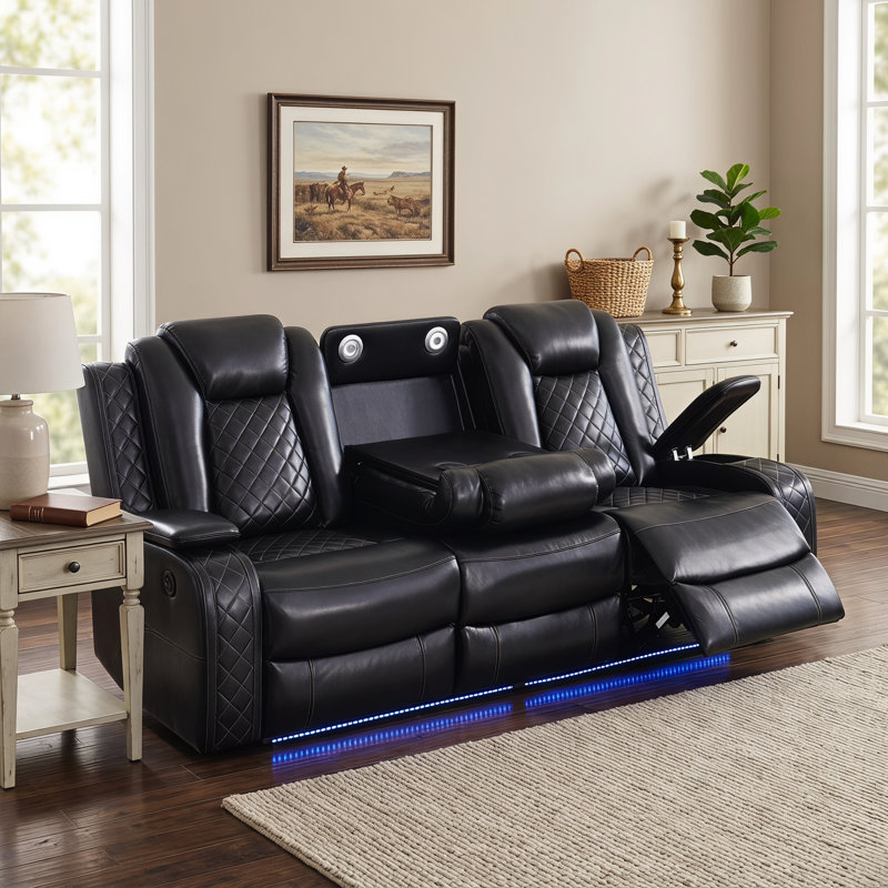 Causeuse inclinable électrique noire intelligente, canapé double inclinable en similicuir respirant avec chargement USB, seau de rangement, porte-gobelets et éclairage DEL ambiant