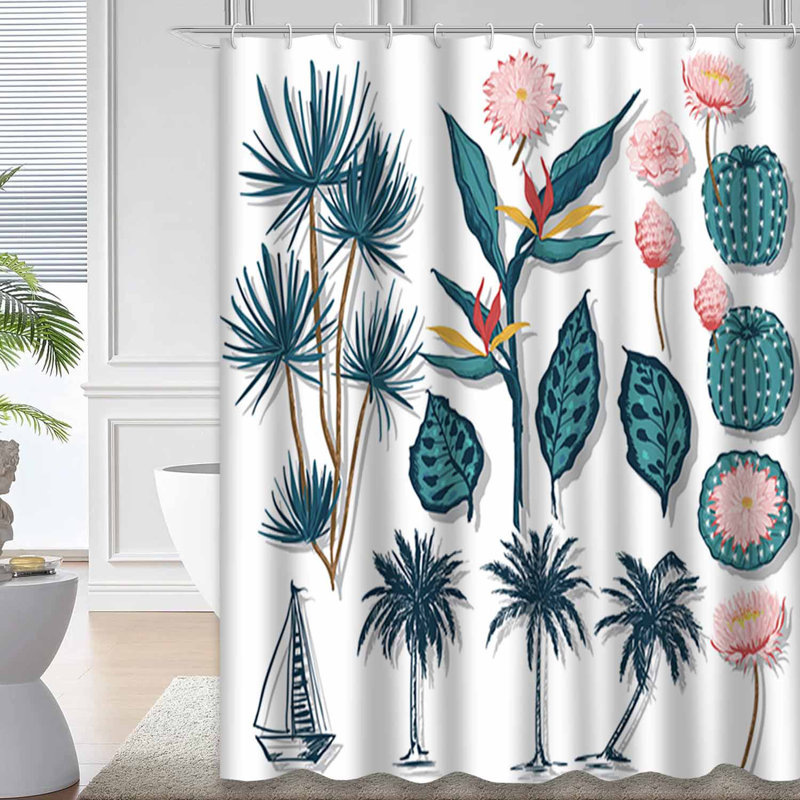 Tropical Palm Coconut Cactus Flower Shower Curtain with 12 Hooks, L 72 po x l 72 po