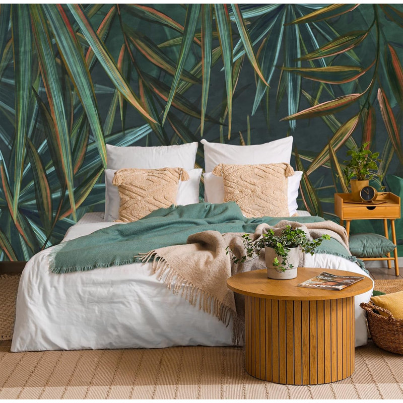 Murale de feuilles de palmier tropical foncé, peinture à l'huile abstraite sur feuilles