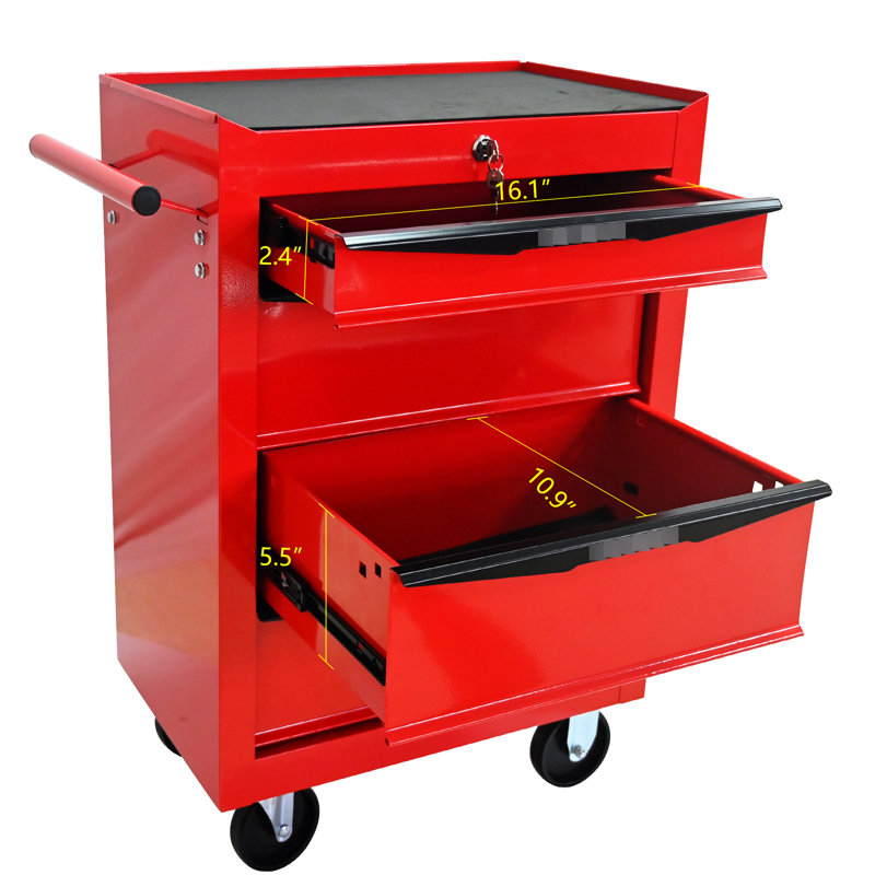 Armoire à outils multifonctionnelle 20 po à 4 tiroirs, avec roulettes, rouge et noir, glissières à roulement pour glissières en métal à ouverture douce, surface de rangement supplémentaire fréquemment utilisée