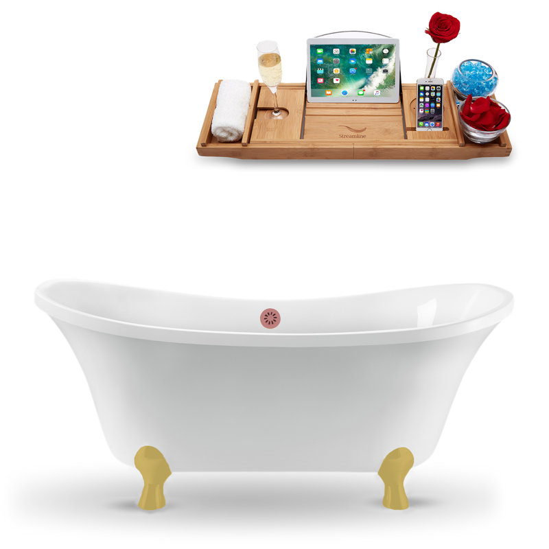60" Streamline Clawfoot Soaking Acrylic Bathtub, Brushed Gold, Matte Pink