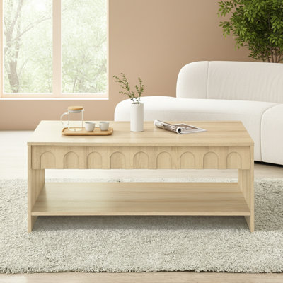 Abdullah Modern Arch-Fluted Beige Wood Coffee Table with Open Shelf