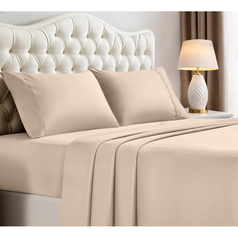 Toccoleggero Premium 100% Cotton Bed Sheet Set, Beige, Queen Sheet Set with 4 Pillowcases