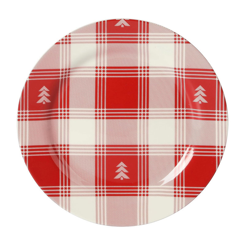 Martha Stewart 12 Piece Plaid Decorated Round Stoneware Dinnerware Set in Red and White