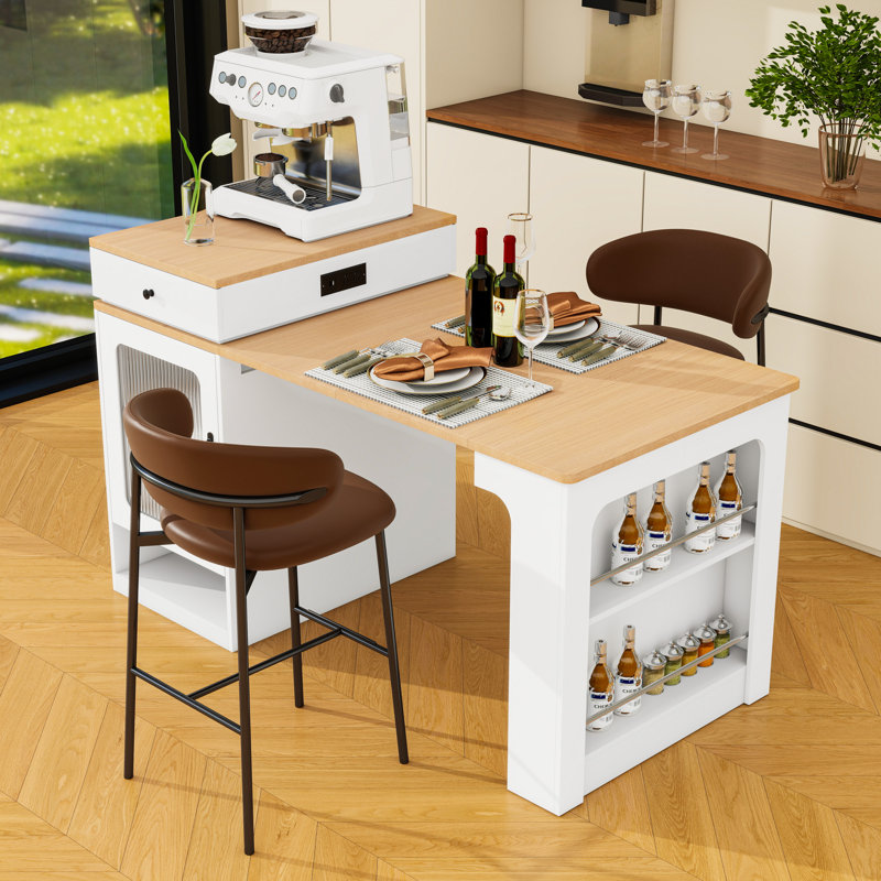 Îlot de cuisine avec table de salle à manger extensible, rangement double-face, prise de courant et tablettes réglables