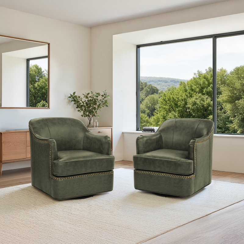 Fauteuil demi-tonneau pivotant en cuir véritable Anselmo Fazio, Fern Green