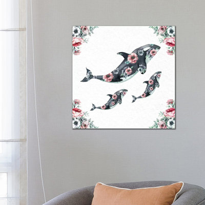 Watercolour Floral Whales by Nature Magick - Wrapped Canvas Gallery-Wrapped Canvas Giclée