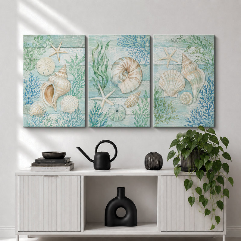 «Aqua Seashell Starfish Coastal», impression sur toile, impression sur toile encadrée, 3 pièces, H 36 po x l 72 po x P 1,5 po
