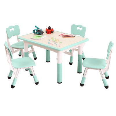 Adjustable Kids Table & 4 Chairs Set for Ages 2–10, 136kg Capacity, Graffiti-Resistant HDPE Activity Desk for Study Crafts Home Daycare, Blue