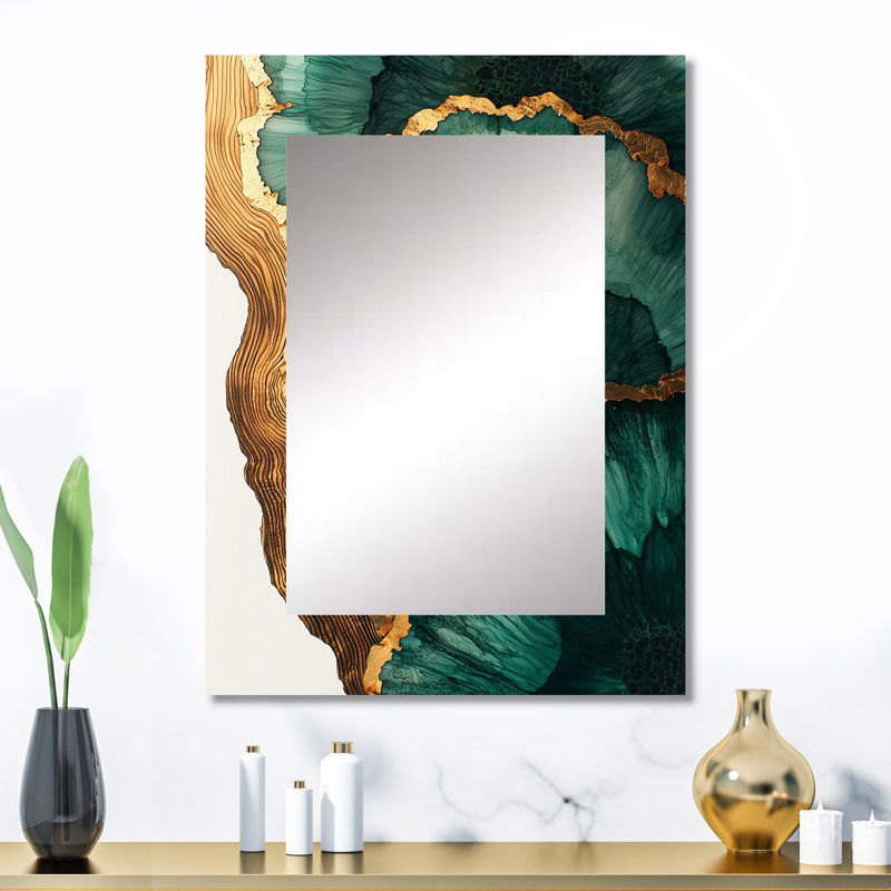 Emerald Leaves Wood Slide III - miroir géode unique en pierre, grand miroir mural traditionnel, impression d'art en métal