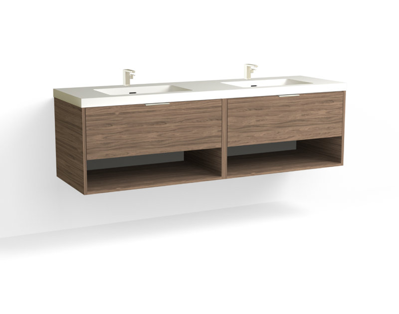 Modo 72" W Wall Mounted Double Bathroom Vanity, Glossy White/8" Widespread, Charred, Satin Nickel