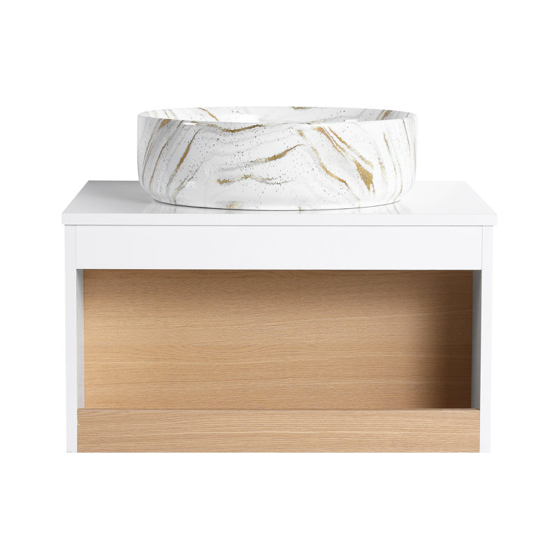 Ensemble de meuble-lavabo mural simple 24 po avec lavabo en céramique et 1 tablette ouverte, L 24 po, Blanc / doré