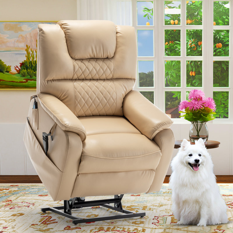 Karelin 35.54"W 180° Flat Lay Faux Leather Lifting Power Recliner, Massage Chair, Heater, Lift Chair, Beige Faux Leather