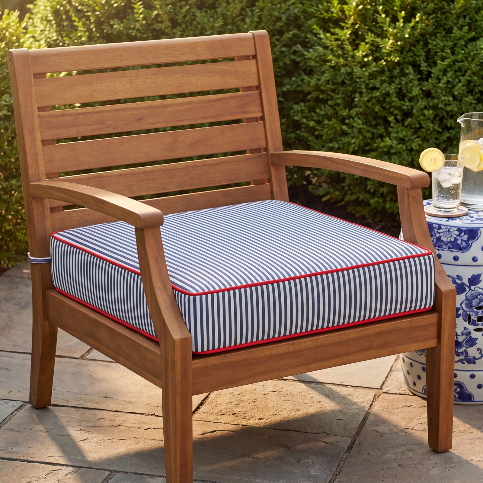 Sunbrella Striped Outdoor Cushion, Lido Indigo/Jockey Red, 25" W x 25" D