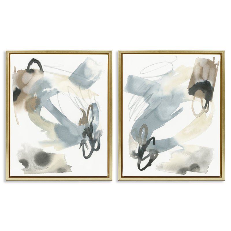 Aquarelle abstraite gris brun, ensemble de 2 toiles flottantes encadrées par June Erica Vess, H 21 po x l 17 po