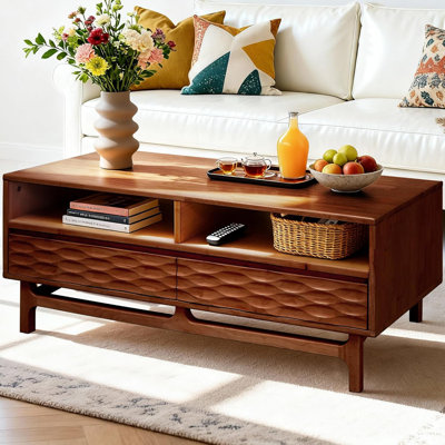 Acacia Elara 47.2”W Coffee Table Storage, Solid Rubber Wood, Suitable for Living Room, Home Office with 2 Drawers and Open Design, Easy Setup