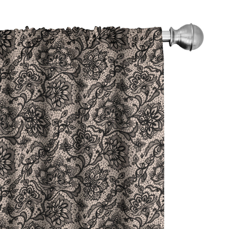 Black Lace Detail Room-Darkening Polyester Curtain Panels, 28" x 63"