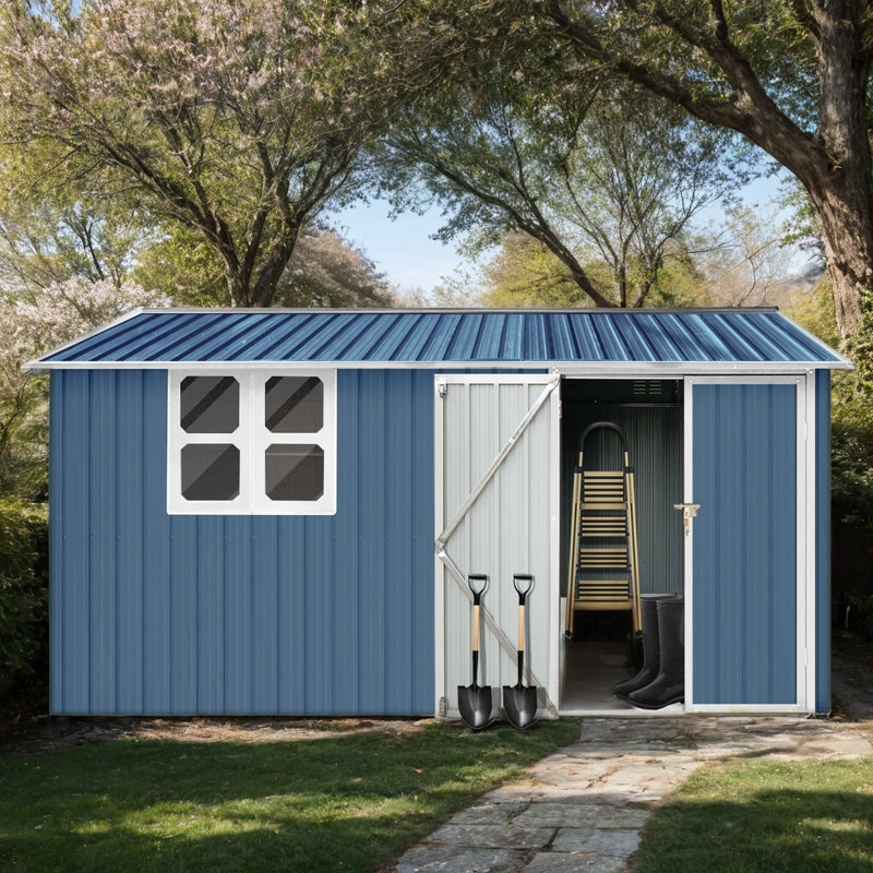 Abri de jardin avec fenêtre 10 pi x 12 pi - Remise de rangement extérieure en métal, Bleu